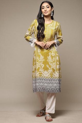 yellow ochre print casual round neck full sleeves women straight fit kurta