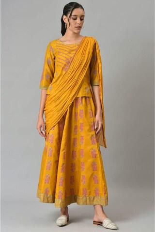 yellow ochre print light festive round neck 3/4th sleeves ankle-length women regular fit skirt kurta dupatta set