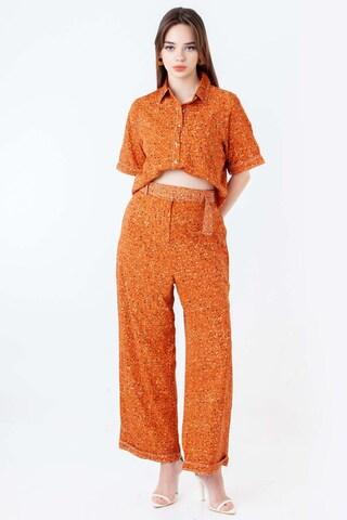 yellow ochre print polyester women regular fit trousers