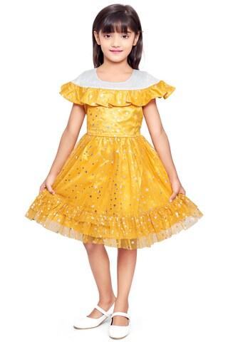 yellow ochre printed party cap sleeves round neck girls regular fit frock