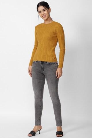 yellow ochre solid casual full sleeves crew neck women regular fit top