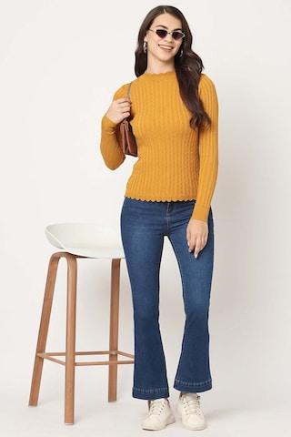 yellow ochre stripe viscose round neck women slim fit sweaters