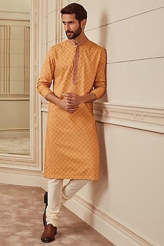 yellow ochre viscose blend textured kurta set