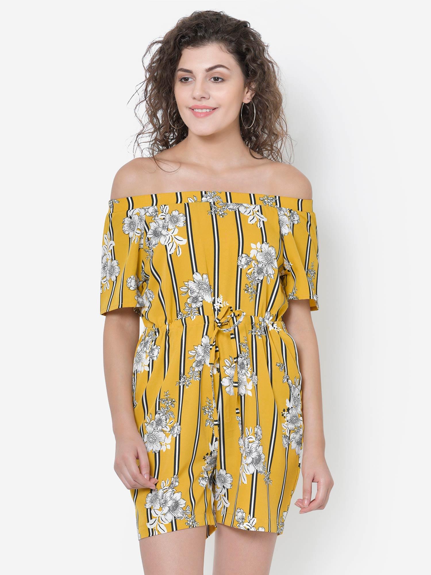 yellow off shoulder stripe playsuit