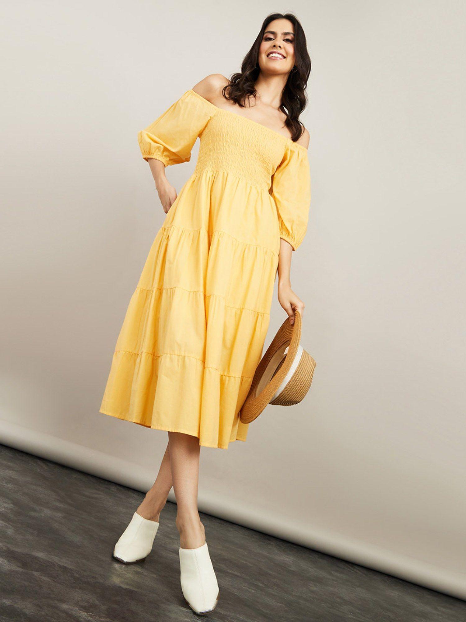 yellow off shoulder tiered midi dress