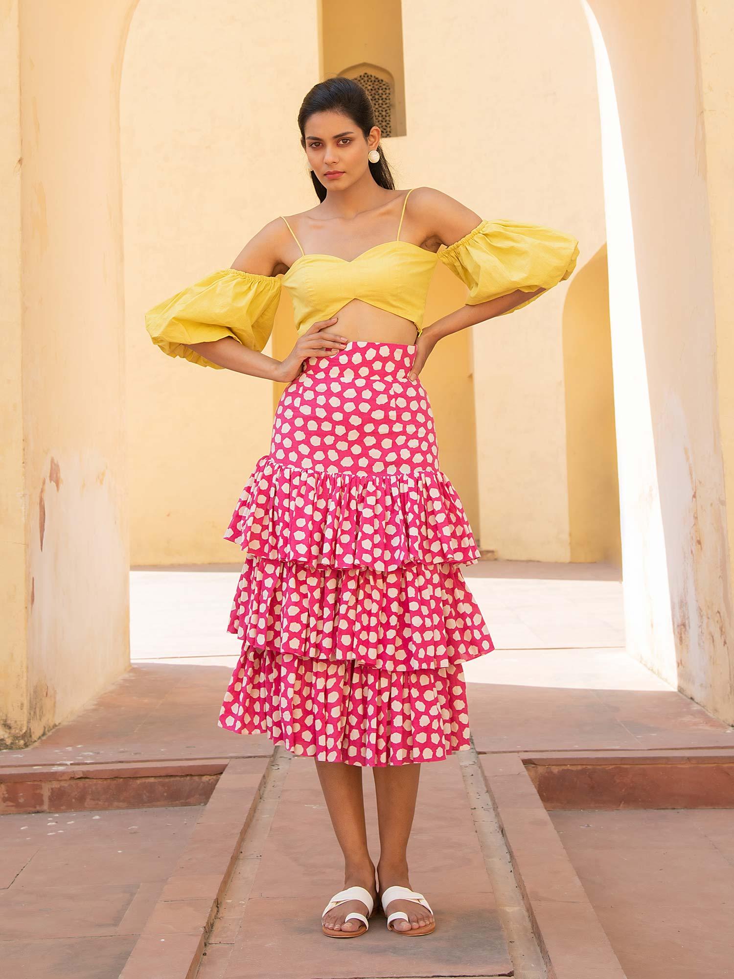 yellow off shoulder top with pink polka dots layered skirt (set of 2)