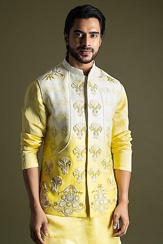 yellow ombre bemberg silk thread embroidered nehru jacket