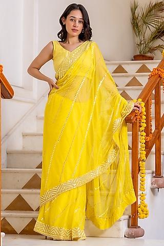 yellow ombre blended fabric mirror embroidered saree