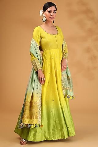 yellow ombre dupion silk hand embroidered kalidar anarkali set