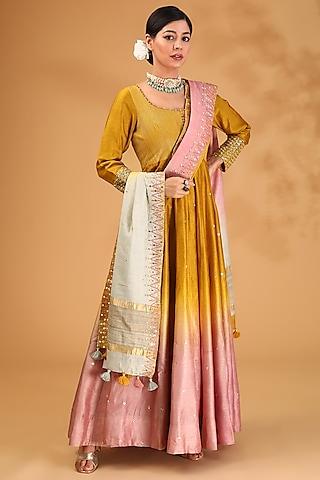 yellow ombre dupion silk hand embroidered kalidar anarkali set