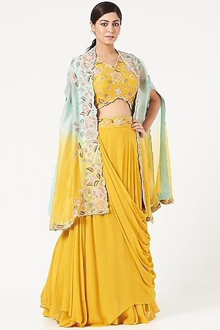 yellow ombre embroidered cape set