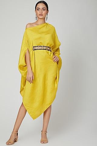 yellow one shoulder belted dress