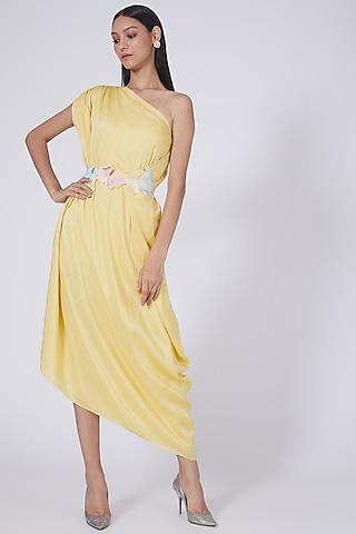 yellow one shoulder draped dress