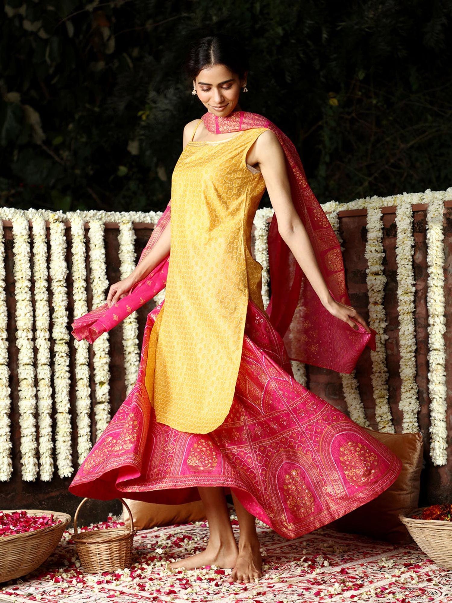 yellow one shoulder kurta, pink skirt and dupatta set (set of 3)