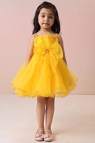 yellow organza & butter crepe layered dress for girls