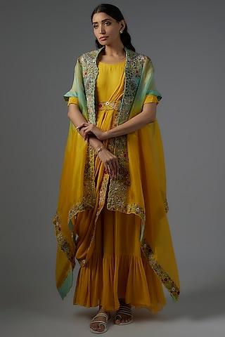 yellow organza & chanderi gown with cape