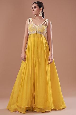 yellow organza & chiffon embroidered anarkali set