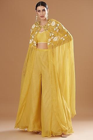 yellow organza & raw silk embroidered cape set