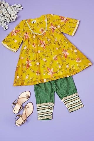yellow organza cross-stitch embroidered kurta set for girls