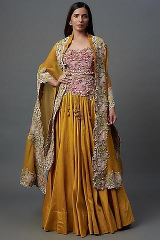 yellow organza embroidered butterfly cape set