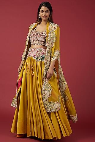 yellow organza embroidered butterfly jacket lehenga set