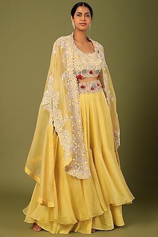 yellow organza embroidered cape set