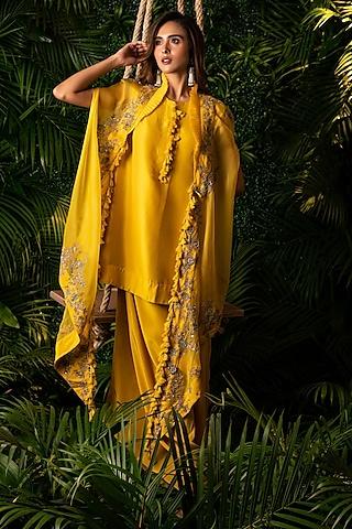 yellow organza embroidered cape set