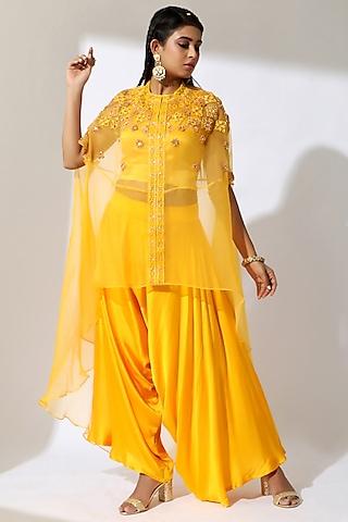 yellow organza embroidered cape set