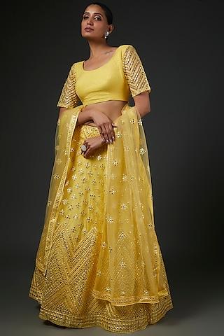 yellow organza embroidered flared lehenga set