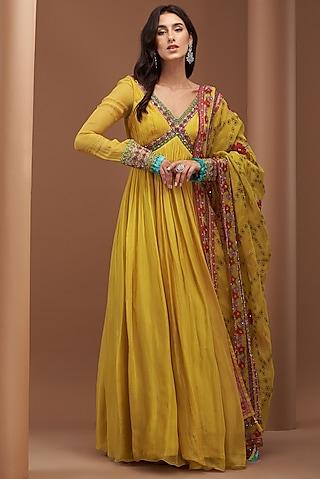 yellow organza embroidered gown with dupatta