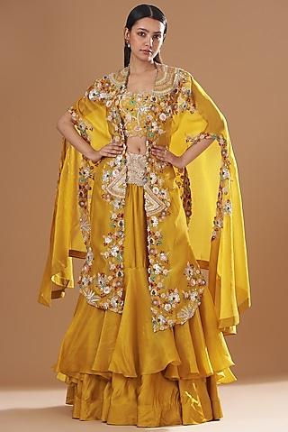 yellow organza embroidered jacket lehenga set