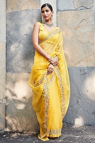 yellow organza embroidered saree set