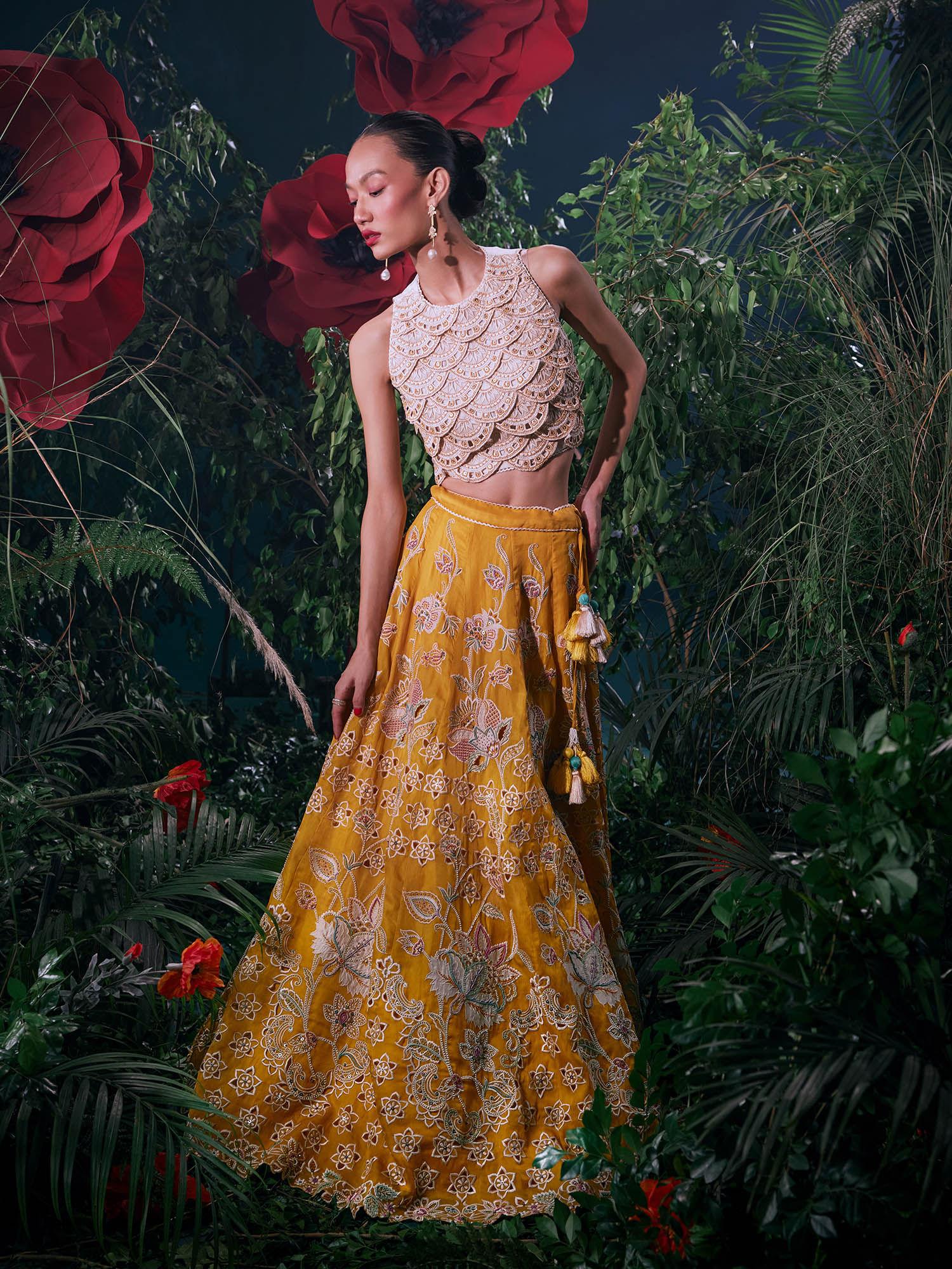 yellow organza floral bead work skirt