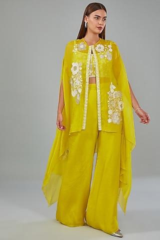yellow organza floral embroidered cape set