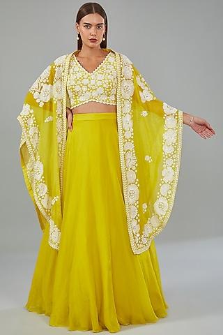 yellow organza floral hand embroidered cape set