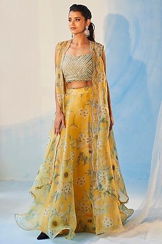 yellow organza floral leaf printed & hand embroidered cape set