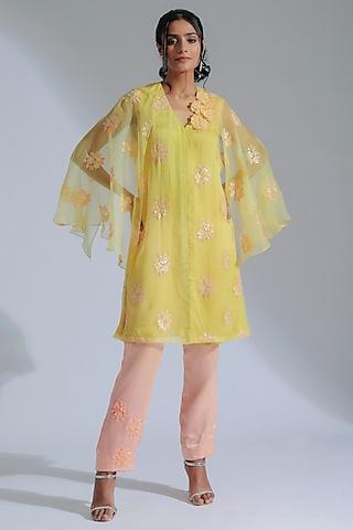 yellow organza floral motifs embroidered tunic set