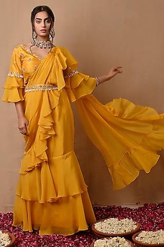 yellow organza frilled pre-draped saree set