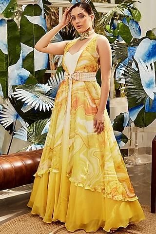yellow organza gown with cape
