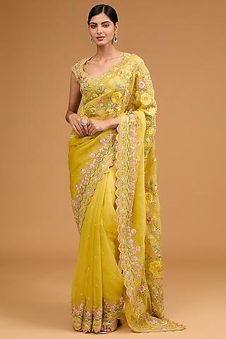 yellow organza hand embroidered saree set