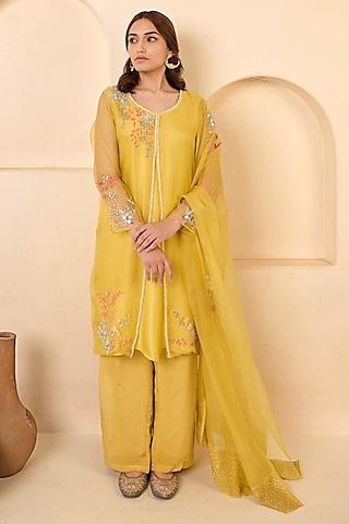 yellow organza hand embroidered straight kurta set