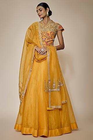 yellow organza jacket lehenga set