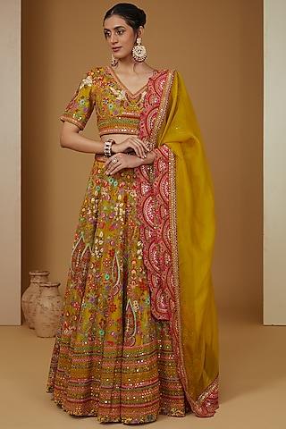 yellow organza mirror work lehenga set