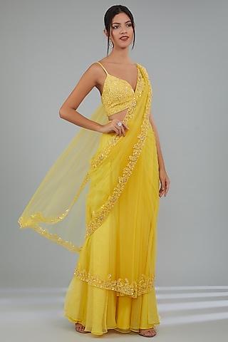 yellow organza net hand embroidered saree set