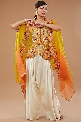 yellow organza paisley embroidered cape set