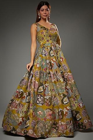 yellow organza printed & embellished gown