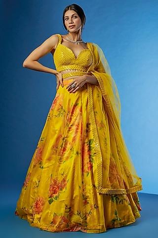 yellow organza printed & embellished lehenga set