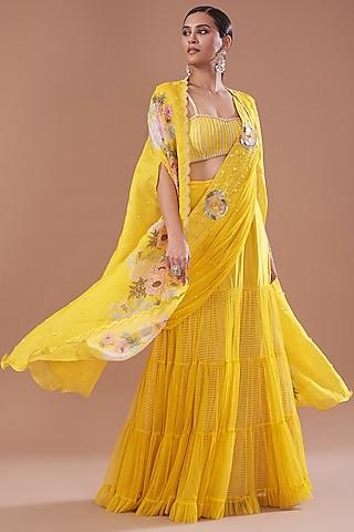 yellow organza printed cape set