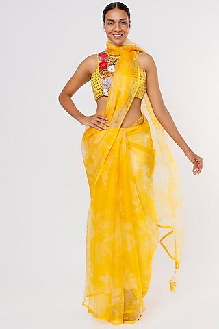 yellow organza printed saree set