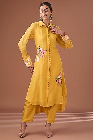 yellow organza resham embroidered tunic set